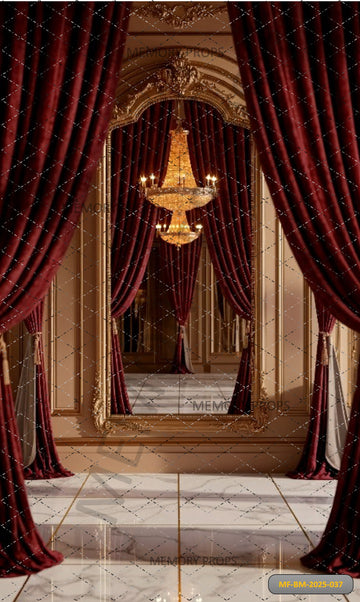 LUXURY GRAND BALLROOM WITH RED CURTAINS AND CHANDELIER - PRINTED BACKDROP