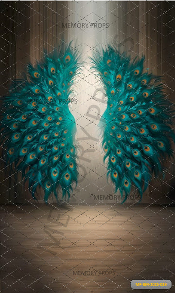 MAJESTIC TEAL PEACOCK FEATHER WINGS - PRINTED BACKDROP