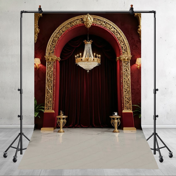 ROYAL RED AND GOLD CHANDELIER ARCH - PRINTED BACKDROP