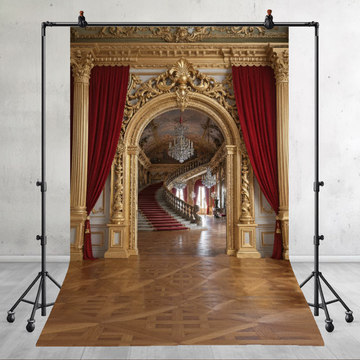 RED VELVET AND GOLD MANSION STAIRCASE - PRINTED BACKDROP