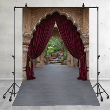 REGAL ARCHWAY WITH DEEP RED CURTAINS AND WATERFALL VIEW - PRINTED BACKDROP