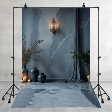 LUXURY GREY MARBLE WALL WITH CANDELABRA AND VASES - PRINTED BACKDROP