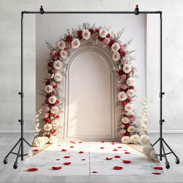 WHITE ARCH WITH RED AND CREAM ROSE GARLAND - PRINTED BACKDROP