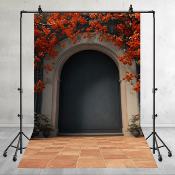 STONE ARCHWAY WITH VIBRANT RED AUTUMN FLORALS - PRINTED BACKDROP