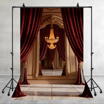 LUXURY GRAND BALLROOM WITH RED CURTAINS AND CHANDELIER - PRINTED BACKDROP