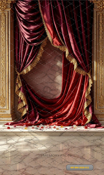 OPULENT CRIMSON SATIN CURTAINS - PRINTED BACKDROP