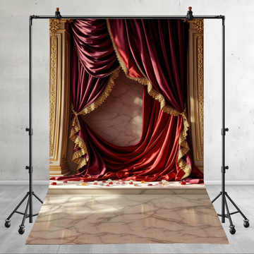 OPULENT CRIMSON SATIN CURTAINS - PRINTED BACKDROP