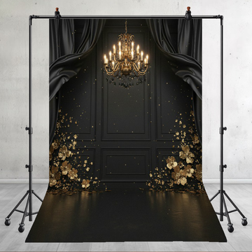 OPULENT BLACK MATTE STUDIO WITH LUXURY GOLD CHANDELIER, DRAPED CURTAINS, AND GOLDEN FLORAL ACCENTS - PRINTED BACKDROP