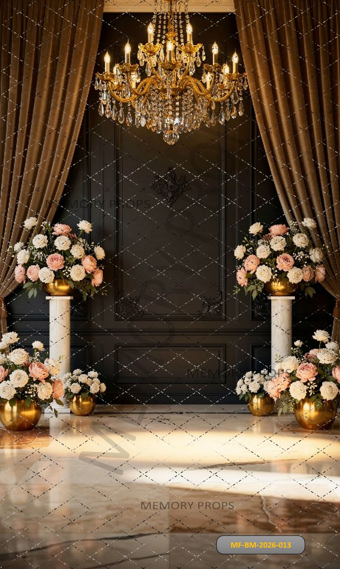 ROYAL LUXURY CHANDELIER STAGE WITH FLORAL PILLARS AND ELEGANT DRAPES - PRINTED BACKDROP