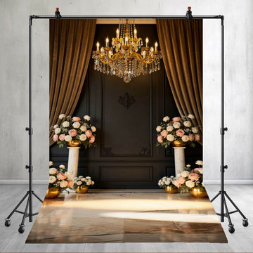 ROYAL LUXURY CHANDELIER STAGE WITH FLORAL PILLARS AND ELEGANT DRAPES - PRINTED BACKDROP