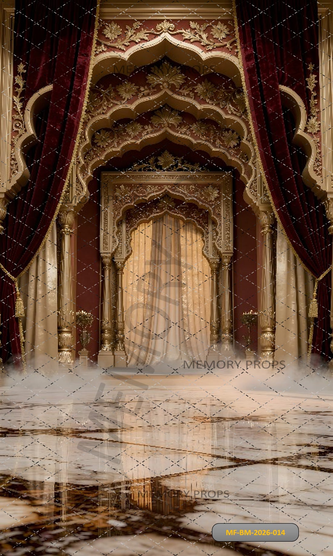 ROYAL MAHAL ARCH STAGE WITH MAROON DRAPES AND GOLDEN CARVED DETAILS - PRINTED BACKDROP