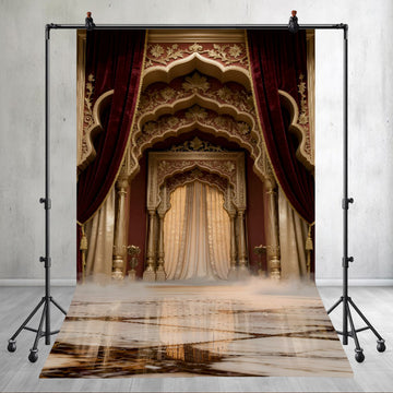ROYAL MAHAL ARCH STAGE WITH MAROON DRAPES AND GOLDEN CARVED DETAILS - PRINTED BACKDROP