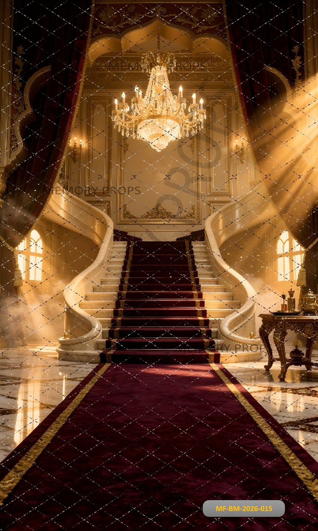 ROYAL GRAND STAIRCASE WITH RED CARPET AND GOLDEN CHANDELIER PALACE - PRINTED BACKDROP