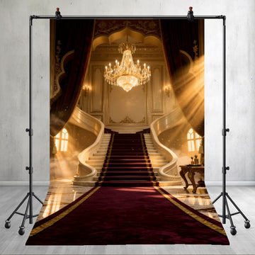 ROYAL GRAND STAIRCASE WITH RED CARPET AND GOLDEN CHANDELIER PALACE - PRINTED BACKDROP