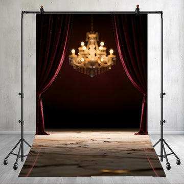 ELEGANT RED VELVET CURTAIN STAGE WITH GOLDEN CHANDELIER AND MARBLE FLOOR  - PRINTED BACKDROP