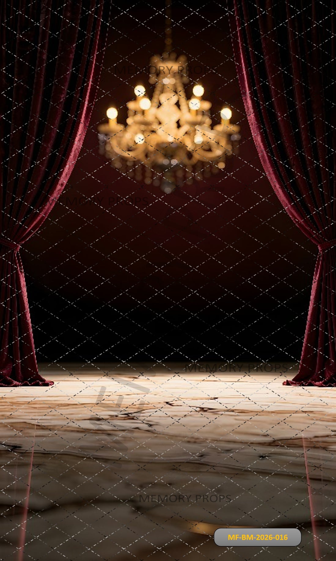 ELEGANT RED VELVET CURTAIN STAGE WITH GOLDEN CHANDELIER AND MARBLE FLOOR  - PRINTED BACKDROP