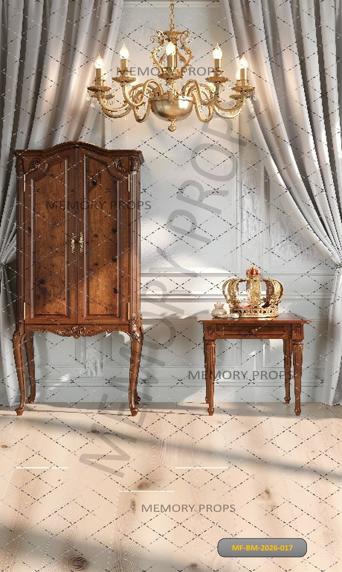 ROYAL VINTAGE ROOM SETUP WITH WOODEN CABINET CROWN DECOR AND ELEGANT CHANDELIER  - PRINTED BACKDROP