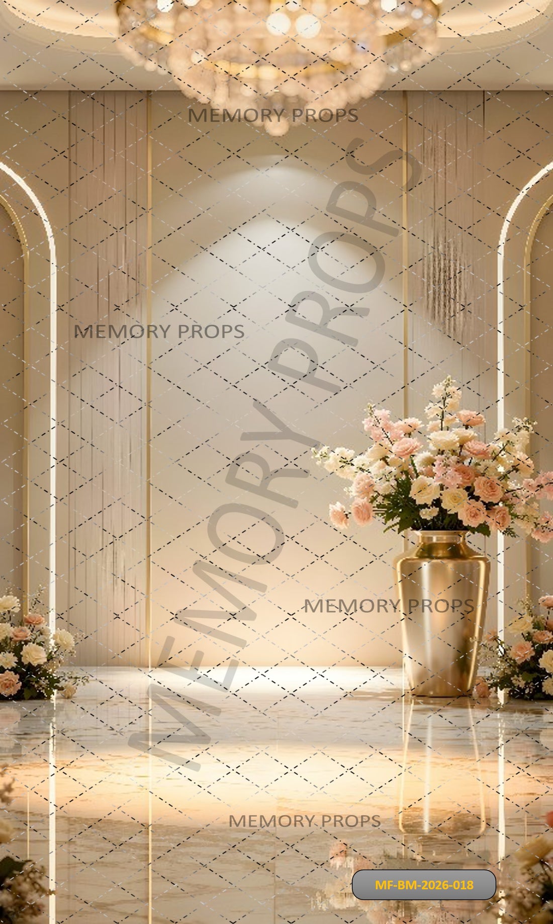 LUXURY GOLDEN FLORAL STAGE WITH ARCH PANELS AND CHANDELIER ELEGANT BACKDROP - PRINTED BACKDROP