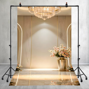 LUXURY GOLDEN FLORAL STAGE WITH ARCH PANELS AND CHANDELIER ELEGANT BACKDROP - PRINTED BACKDROP