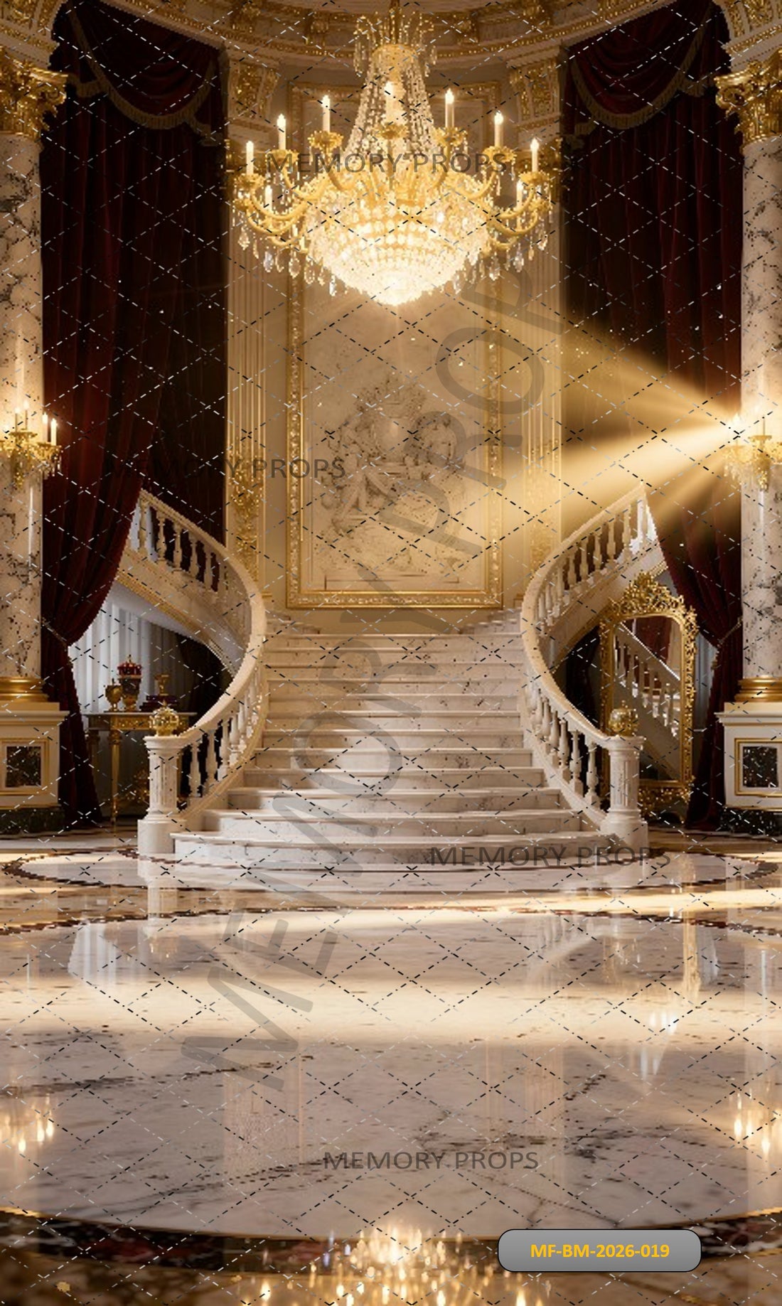 GRAND ROYAL PALACE STAIRCASE WITH GOLDEN CHANDELIER AND MARBLE HALL - PRINTED BACKDROP