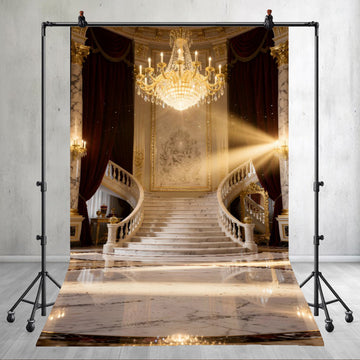 GRAND ROYAL PALACE STAIRCASE WITH GOLDEN CHANDELIER AND MARBLE HALL - PRINTED BACKDROP