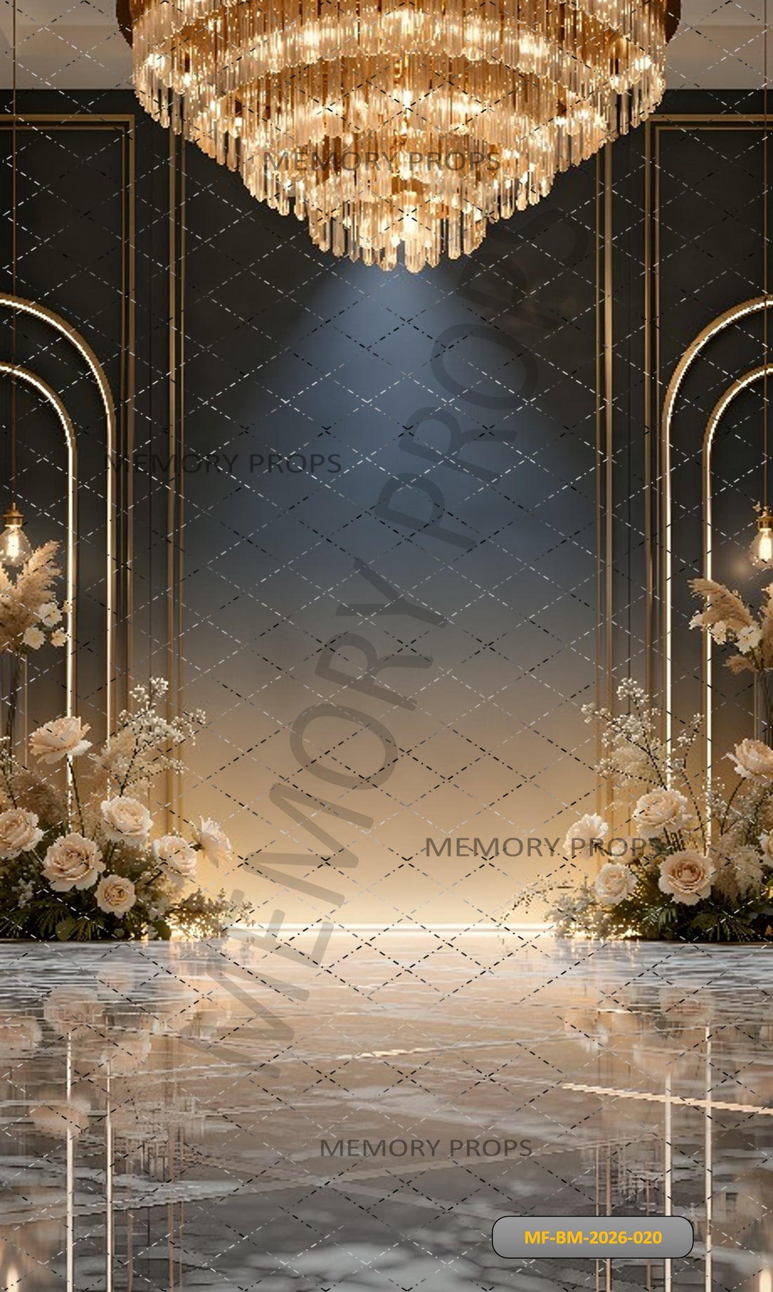 LUXURY GOLDEN CHANDELIER FLORAL ARCH WEDDING PHOTOGRAPHY - PRINTED BACKDROP