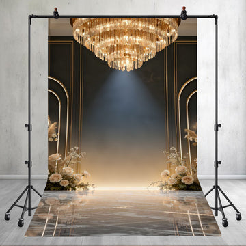 LUXURY GOLDEN CHANDELIER FLORAL ARCH WEDDING PHOTOGRAPHY - PRINTED BACKDROP