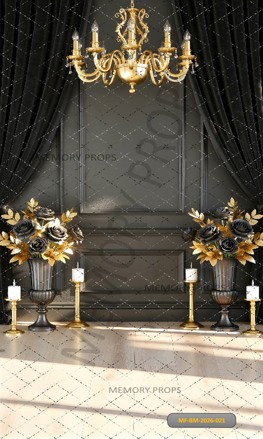LUXURY BLACK AND GOLD CHANDELIER ROSE ELEGANCE PHOTOGRAPHY  - PRINTED BACKDROP