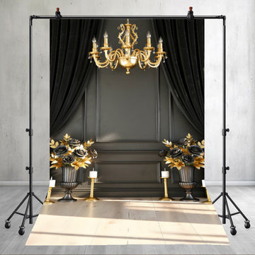 LUXURY BLACK AND GOLD CHANDELIER ROSE ELEGANCE PHOTOGRAPHY  - PRINTED BACKDROP