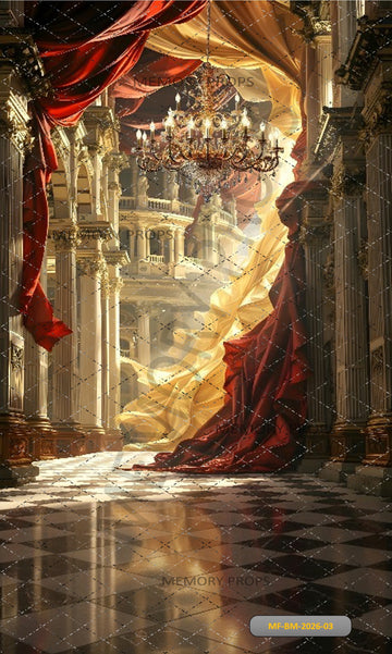 OPULENT BALLROOM WITH FLOWING CRIMSON - PRINTED BACKDROP