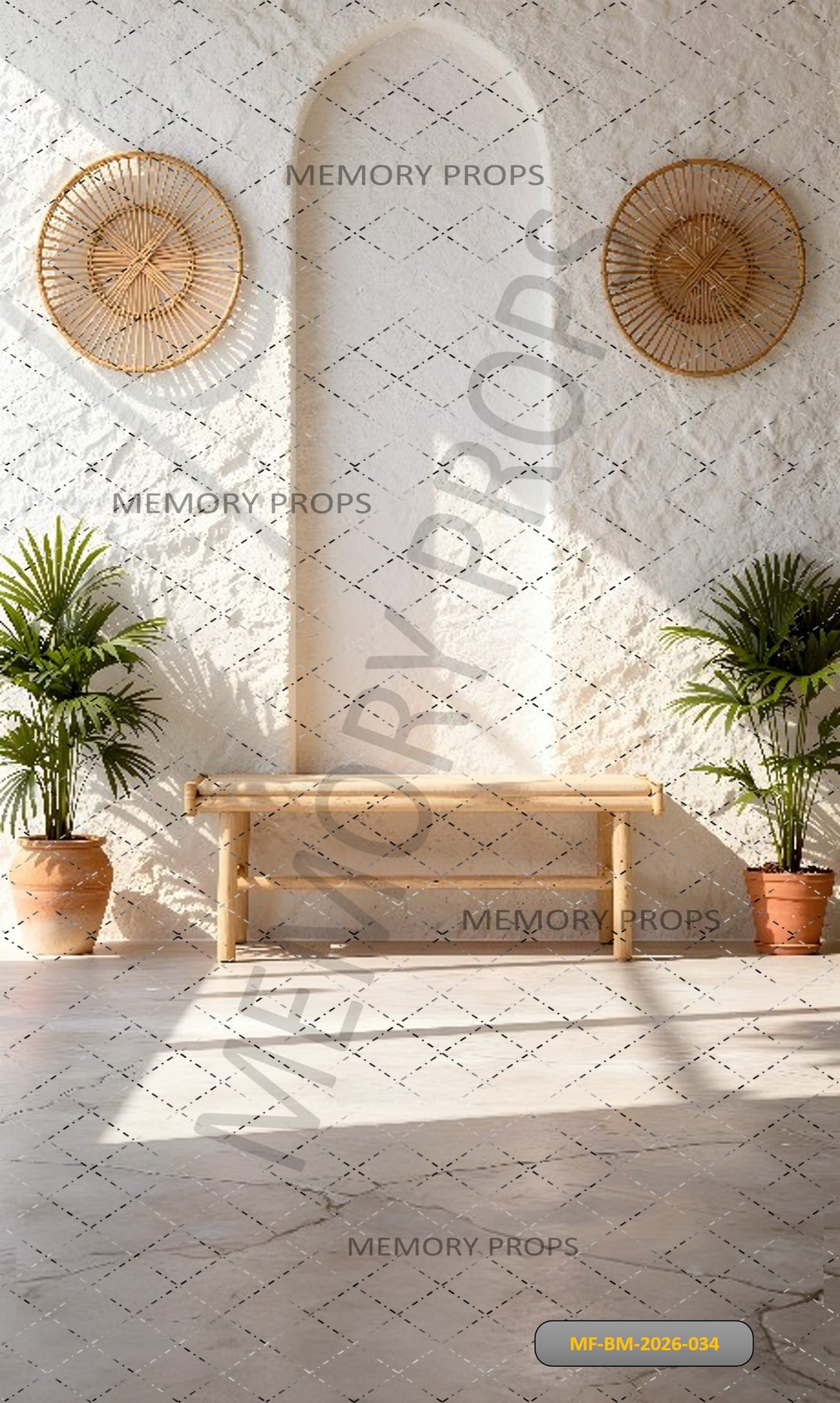 BOHEMIAN MOROCCAN WHITE ARCH WALL BENCH PRINTED BACKDROP