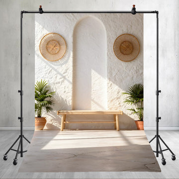 BOHEMIAN MOROCCAN WHITE ARCH WALL BENCH PRINTED BACKDROP