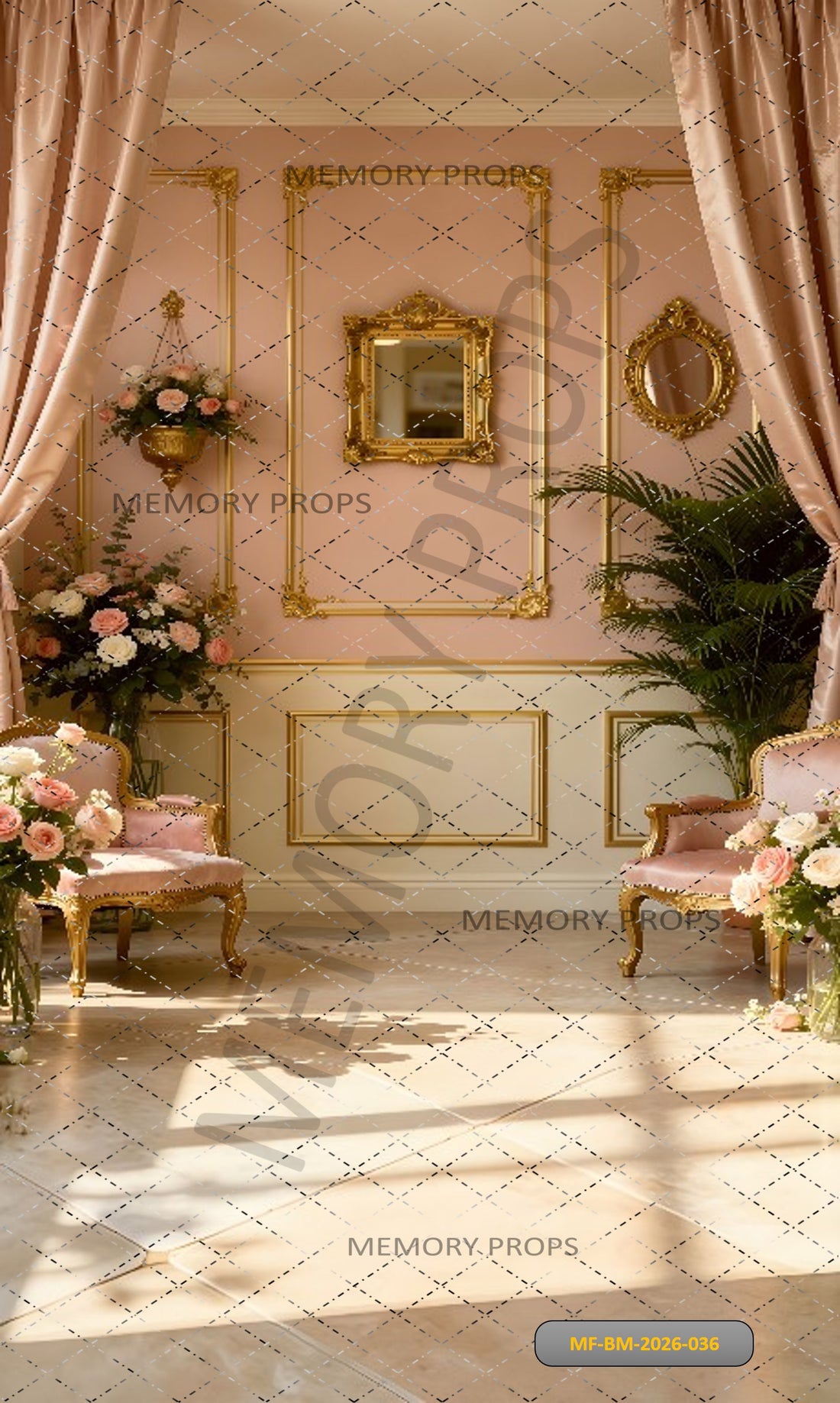 LUXURY BAROQUE PINK WALL GOLDEN SEATING  - PRINTED BACKDROP