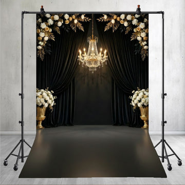 ROYAL BLACK CURTAIN WITH CRYSTAL CHANDELIER AND FLORAL FRAME - PRINTED BACKDROP