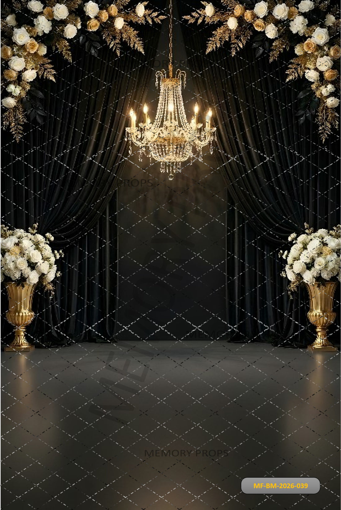 ROYAL BLACK CURTAIN WITH CRYSTAL CHANDELIER AND FLORAL FRAME - PRINTED BACKDROP
