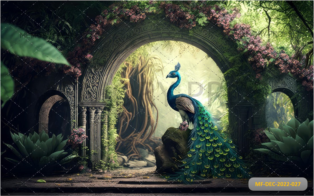 PEACOCK IN VRINDAVAN + BROWN WOODEN FLOORING BACKDROPS