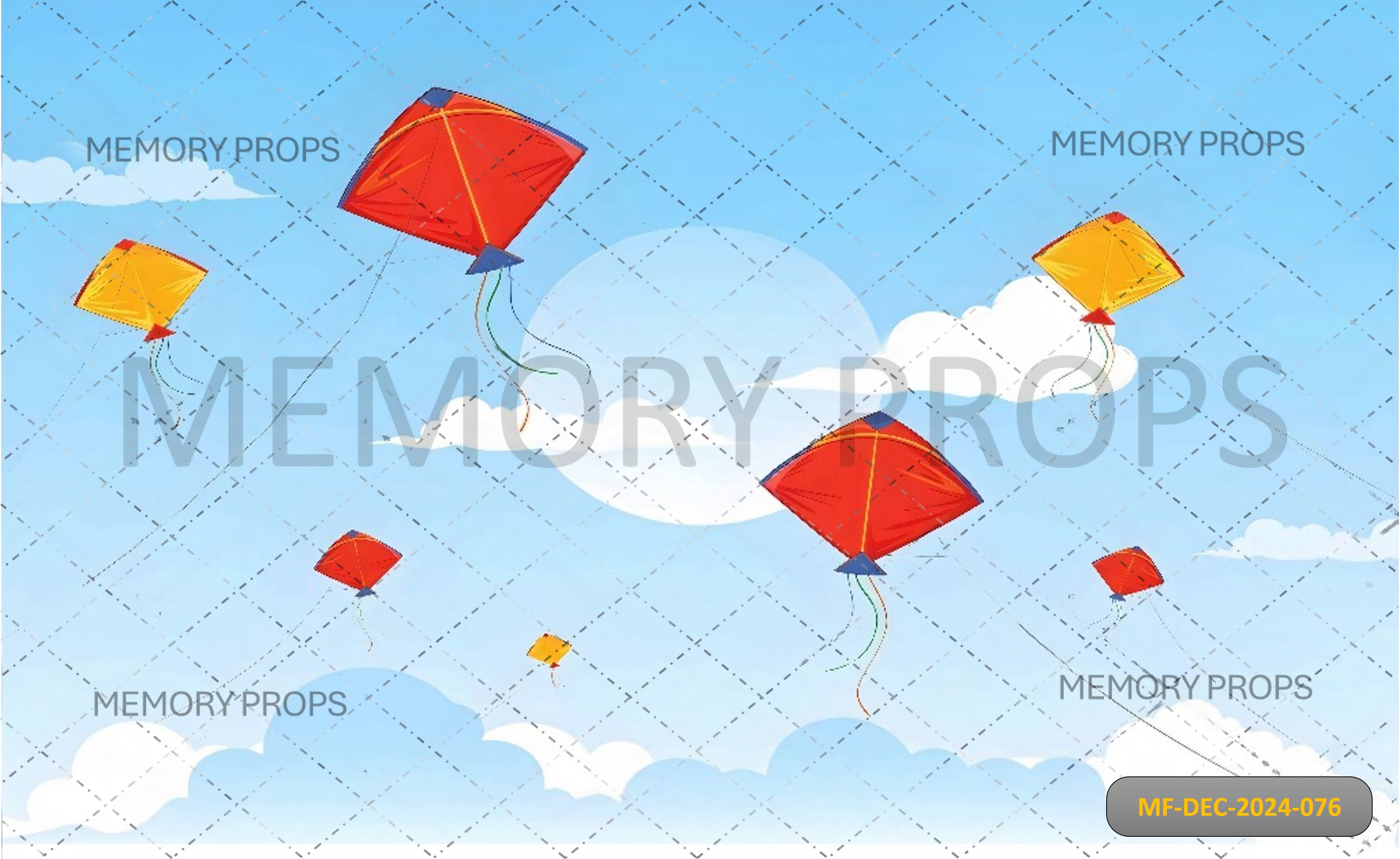Colourful Kites Flying In The Clouds Printed Backdrop