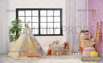 MODEM NURSERY ROOM INTERIOR WITH PLAY TENT - PRINTED BACKDROP