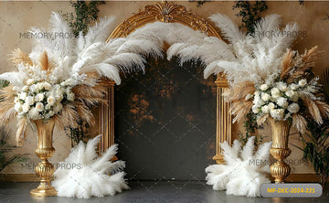 OPULENT GOLD AND FEATHER BOHO ARCH - PRINTED BACKDROP