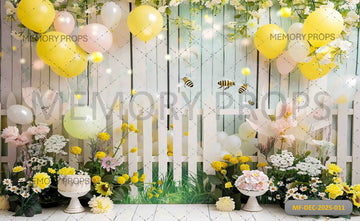 SPRINGTIME GARDEN WITH WHITE FENCE AND BEE - PRINTED BACKDROP