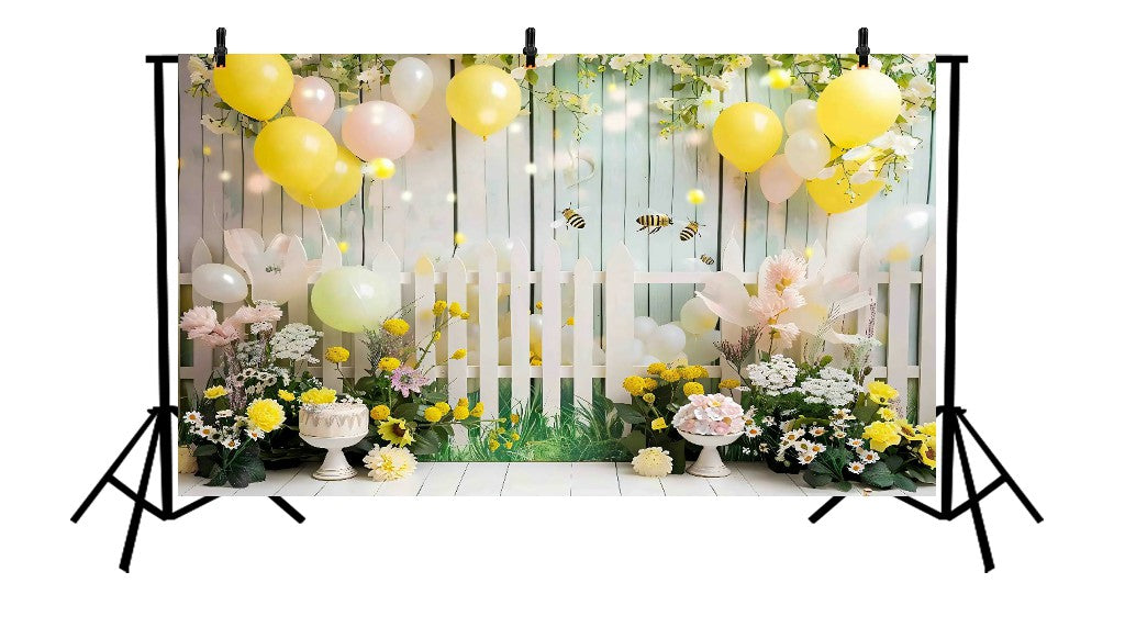 SPRINGTIME GARDEN WITH WHITE FENCE AND BEE - PRINTED BACKDROP