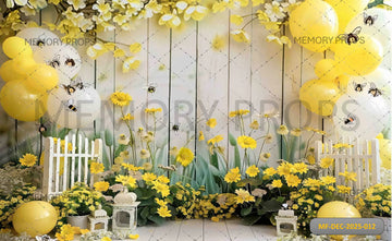 YELLOW FLORAL GARDEN WITH MINI WHITE FENCE - PRINTED BACKDROP