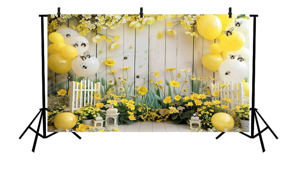 YELLOW FLORAL GARDEN WITH MINI WHITE FENCE - PRINTED BACKDROP
