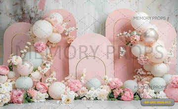 PASTEL PINK ARCHES WITH WHITE BALLOONS AND FLORALS - PRINTED BACKDROP