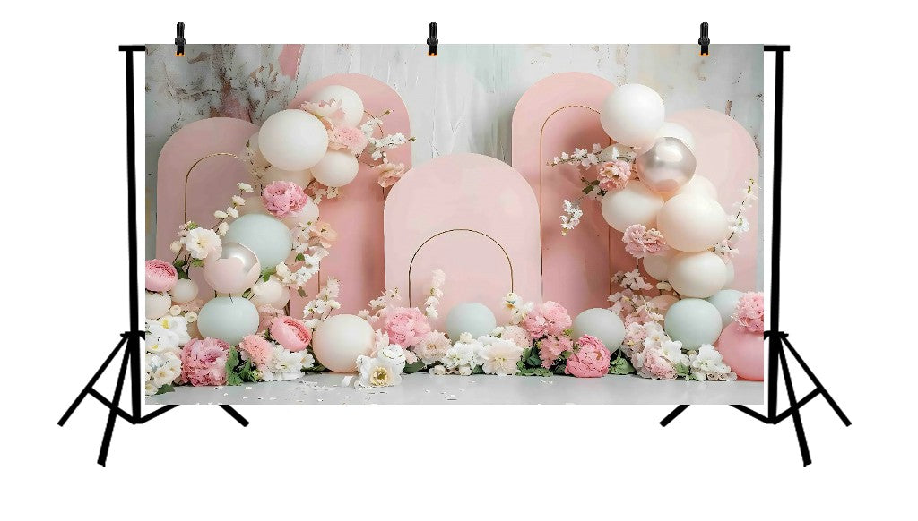 PASTEL PINK ARCHES WITH WHITE BALLOONS AND FLORALS - PRINTED BACKDROP