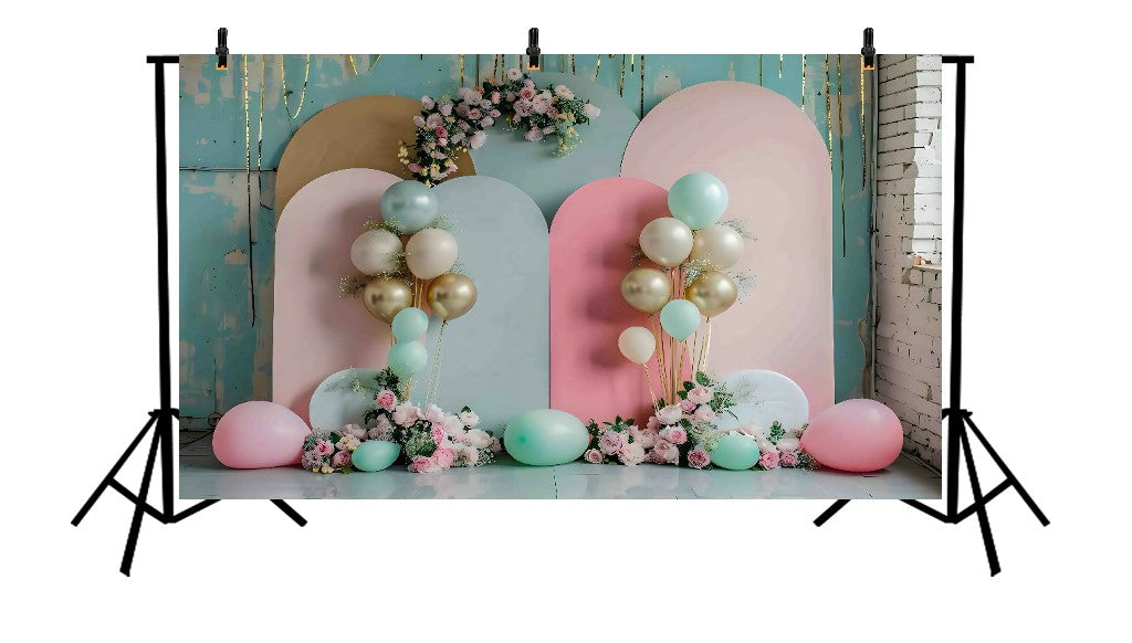 MUTED TONE MULTI-ARCH BACKDROP WITH BALLOON CLUSTERS - PRINTED BACKDROP