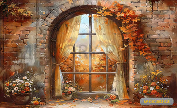 AUTUMN BRICK WINDOW WITH FALL LEAVES - PRINTED BACKDROP
