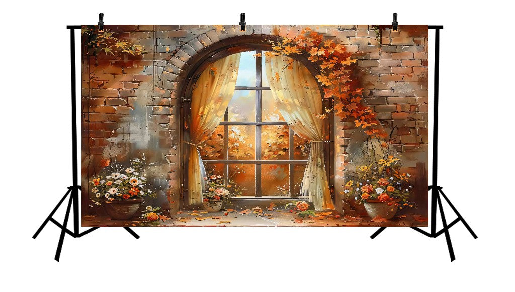 AUTUMN BRICK WINDOW WITH FALL LEAVES - PRINTED BACKDROP