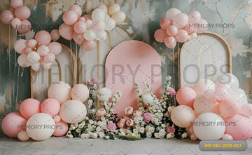 PINK AND TEAL ARCHED BACKDROP WITH PEACH - PRINTED BACKDROP
