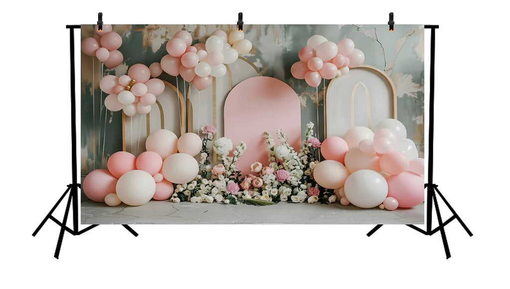 PINK AND TEAL ARCHED BACKDROP WITH PEACH - PRINTED BACKDROP